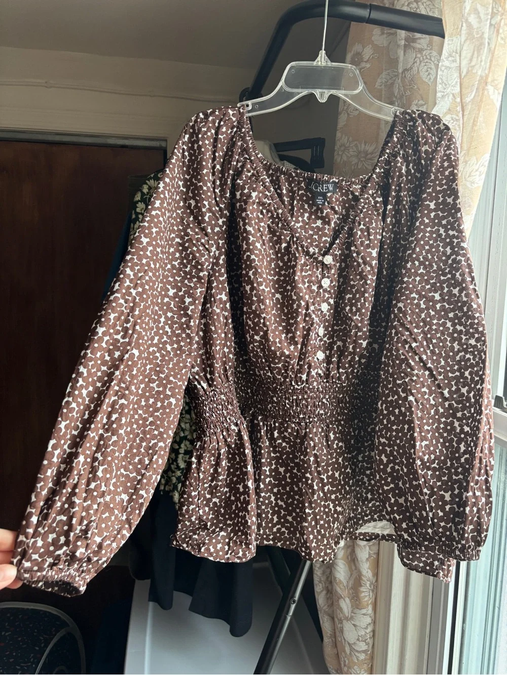 EUC J. Crew V Neck Smocked Waist Peasant Top in Mocha Floral | Women’s Plus XXL